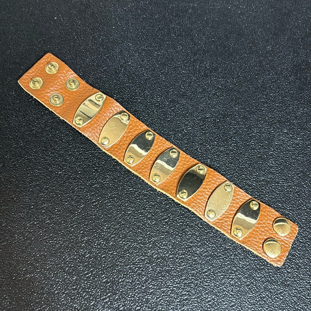 Gold Studded Brown Leather Bracelet - Picture 2 of 6